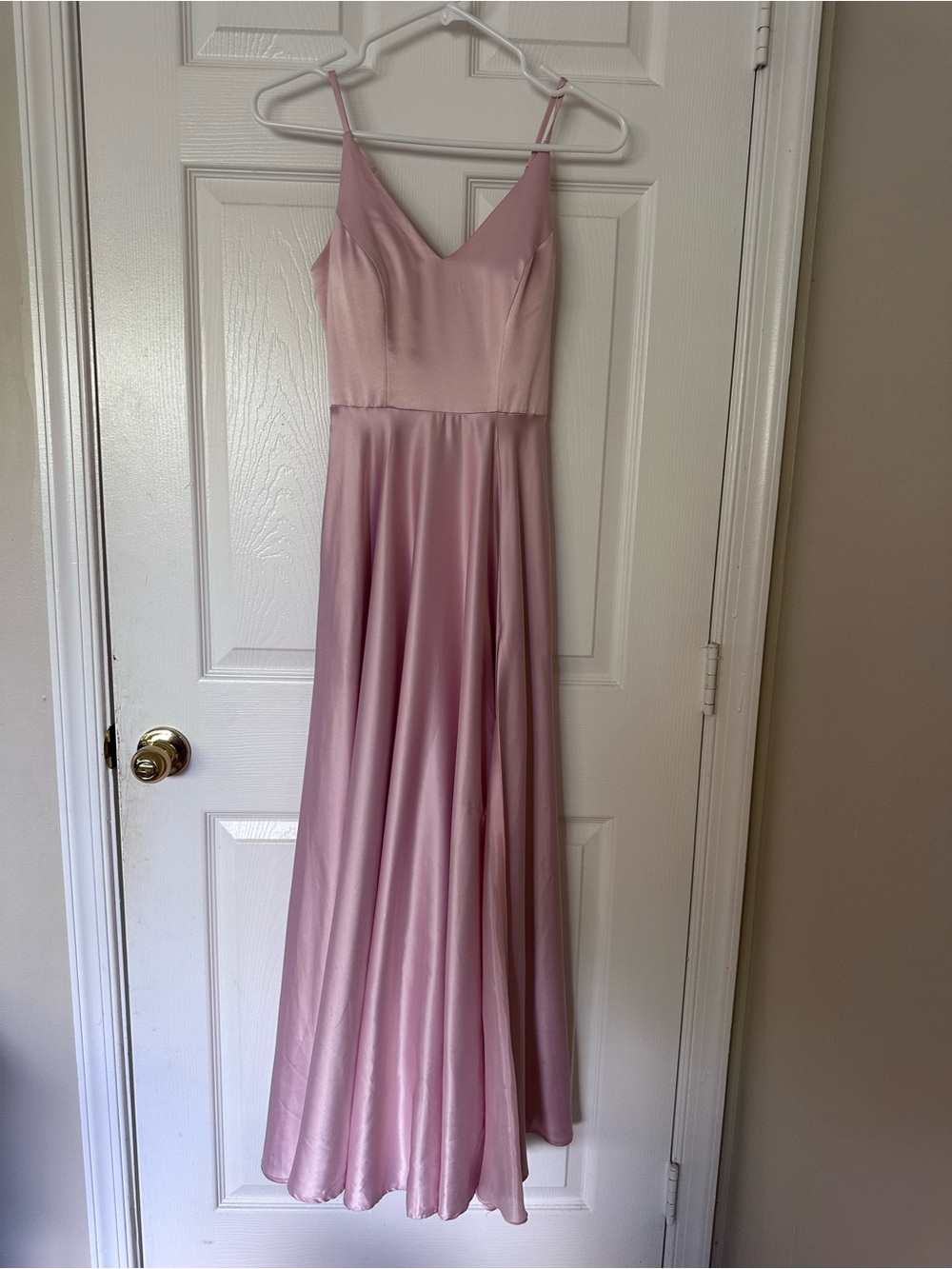 B Darlin Blush Pink Satin Evening Maxi Dress with V-Neck